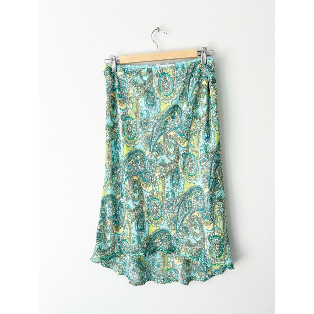 VTG Made in the USA Y2K La Belle Blue & Yellow Paisley Skirt with Beaded Trim 11
